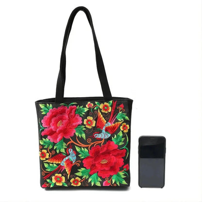 Elegant British Phoenix Embroidered Canvas Shoulder Bag for Women - Timeless Elegance and Cultural Heritage