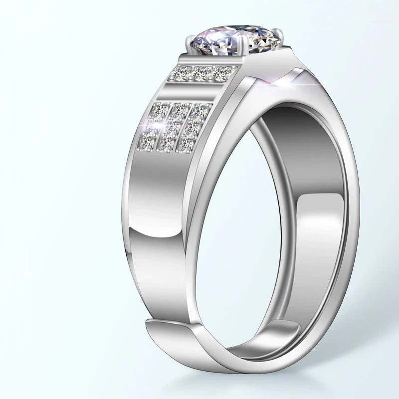 Premium S925 silver ring with a sparkling moissanite gemstone, suitable for unisex wear with an adjustable opening for a customized fit.