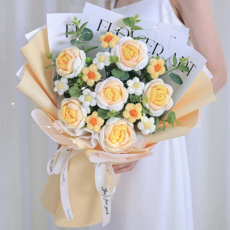 Beautifully crafted knitted bouquet with vibrant sunflowers, featuring a warm LED lighting system for a captivating display