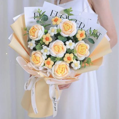 Beautifully crafted knitted bouquet with vibrant sunflowers, featuring a warm LED lighting system for a captivating display
