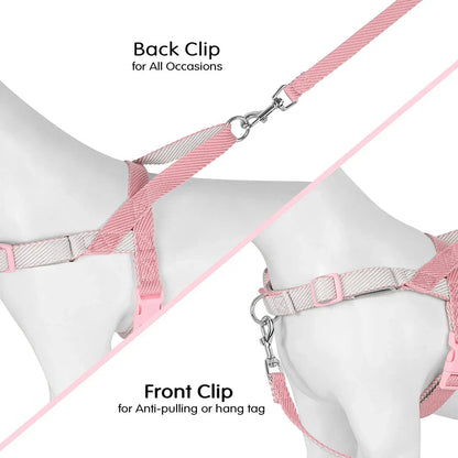 Adjustable no-pull dog harness and leash set made of durable, lightweight nylon in various colours for small, medium, and large breeds