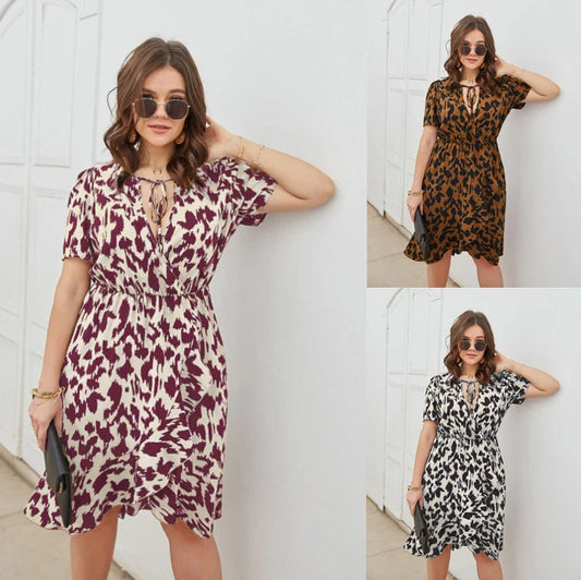 Elegant V-Neck Short Sleeve Printed Dress in Rose Red, Brown, and Black colours