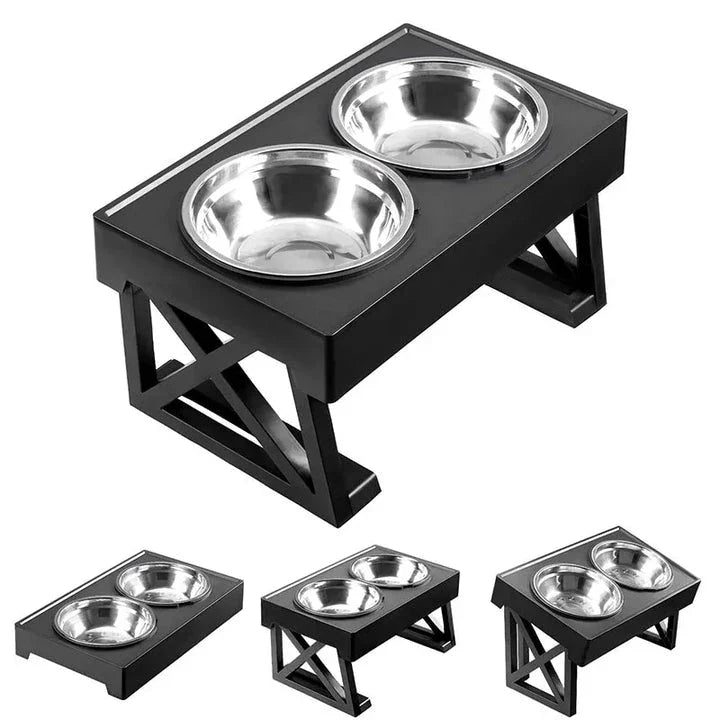 Adjustable height dog bowl stand with slow feeding option, suitable for medium to large dogs