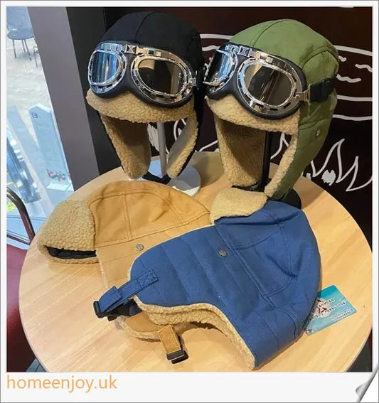 Aviator-style thickened warm ear protection glasses in various colours, including black, khaki, blue, and army green