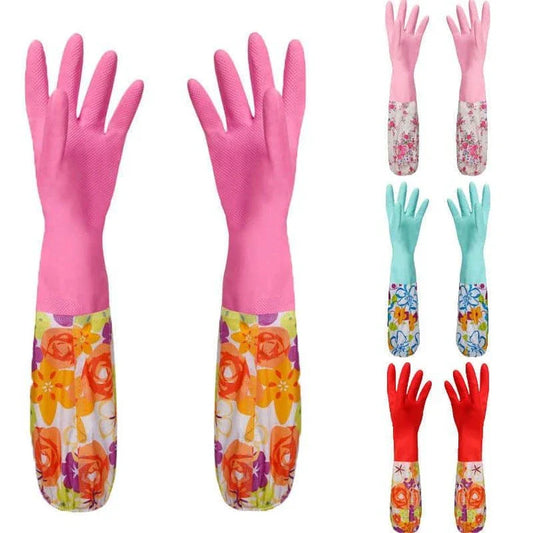 Elegant floral print rubber kitchen gloves with long 49.5 cm length for superior arm coverage and protection
