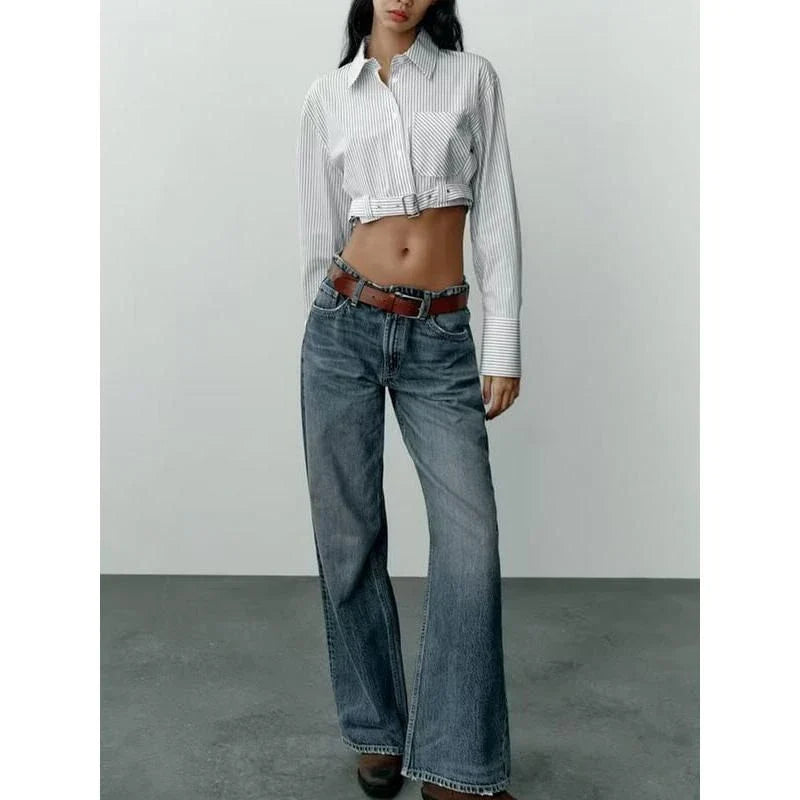 Elegant Spliced Belt Long Sleeve Casual Shirt for Women in Gray, featuring a chic solid pattern and stylish details