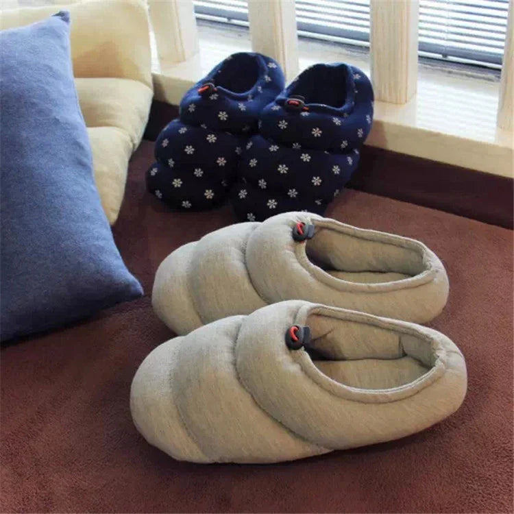 Couples' Soft Warm Half-Heel Bread Shoes in Grey, featuring a unique low-profile design for comfort and style.