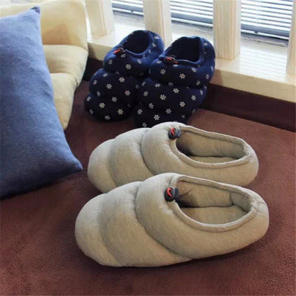 Couples' Soft Warm Half-Heel Bread Shoes in Grey, featuring a unique low-profile design for comfort and style.