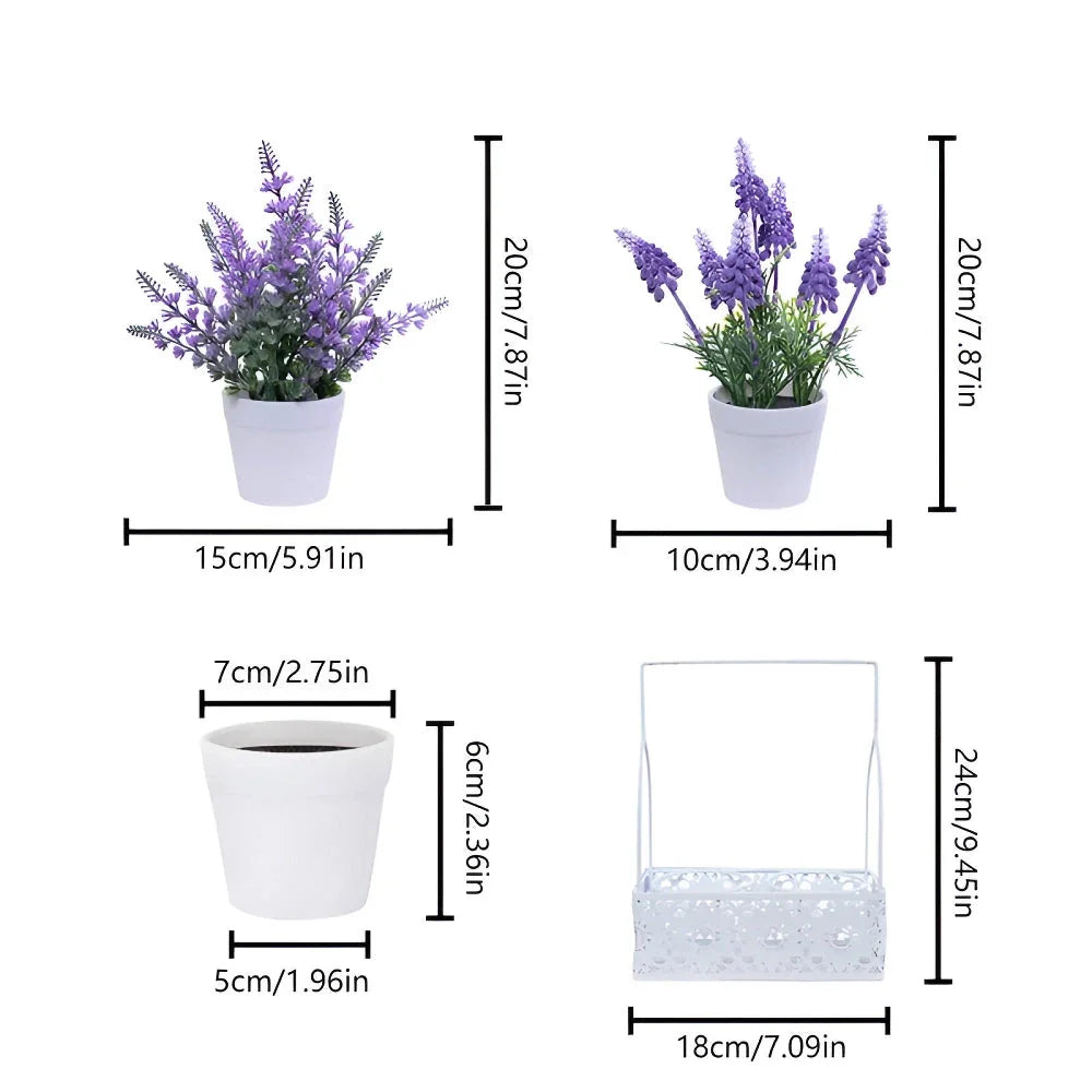 Artificial lavender floral arrangement in an iron basket, creating a rustic and elegant home decor piece