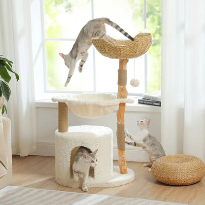Elegant modern cat tree with woven basket, hammock, and solid wood scratching post for large indoor cats