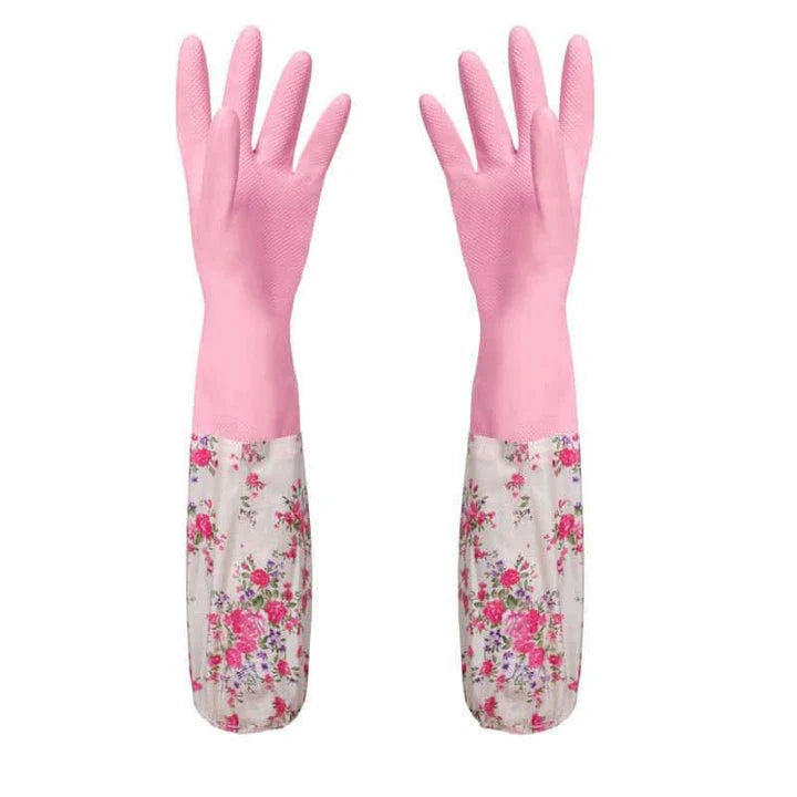 Elegant floral print rubber kitchen gloves with long 49.5 cm length for superior arm coverage and protection
