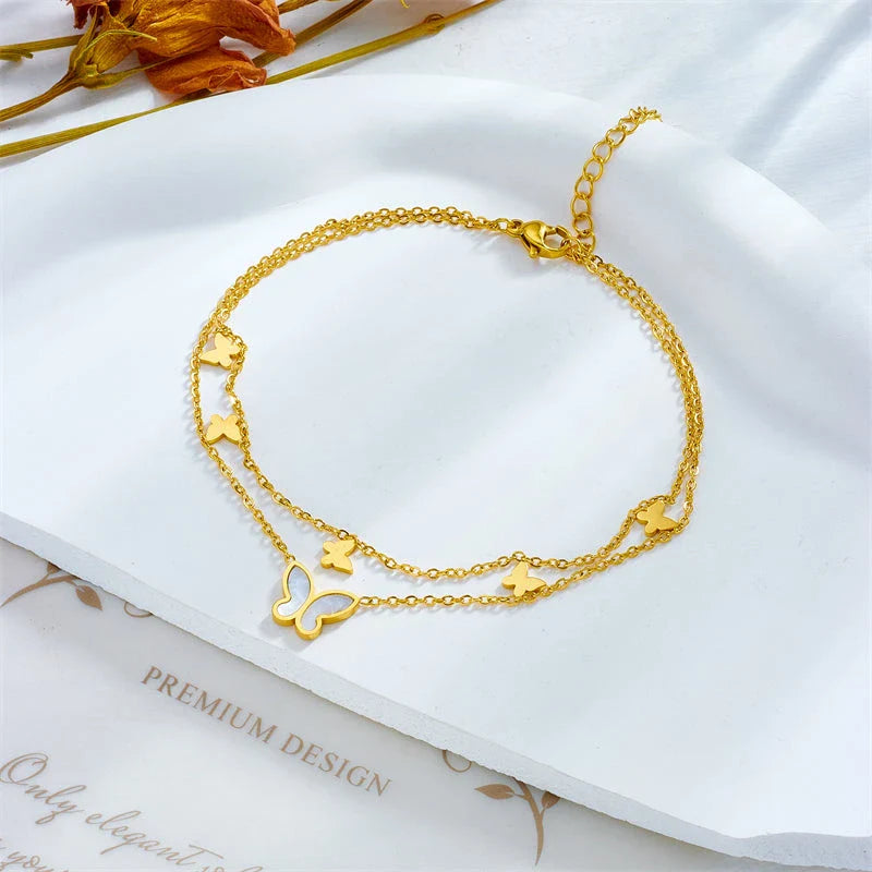 Chic stainless steel double-layer butterfly anklet with adjustable chain and metallic finish