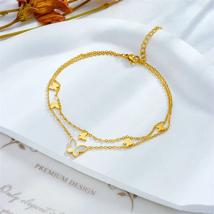 Chic stainless steel double-layer butterfly anklet with adjustable chain and metallic finish