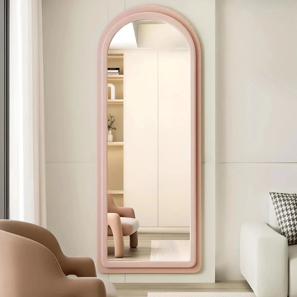 Arched full-length mirror with flannel frame, featuring a unique rabbit ear design for hanging accessories