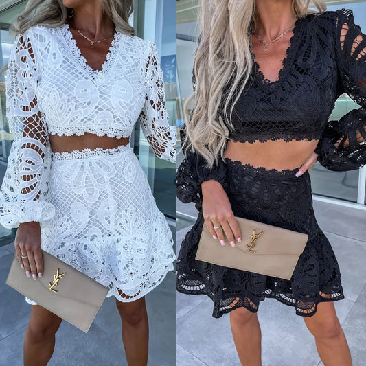 Elegant long sleeve lace suit with lantern sleeves, available in white and black colours