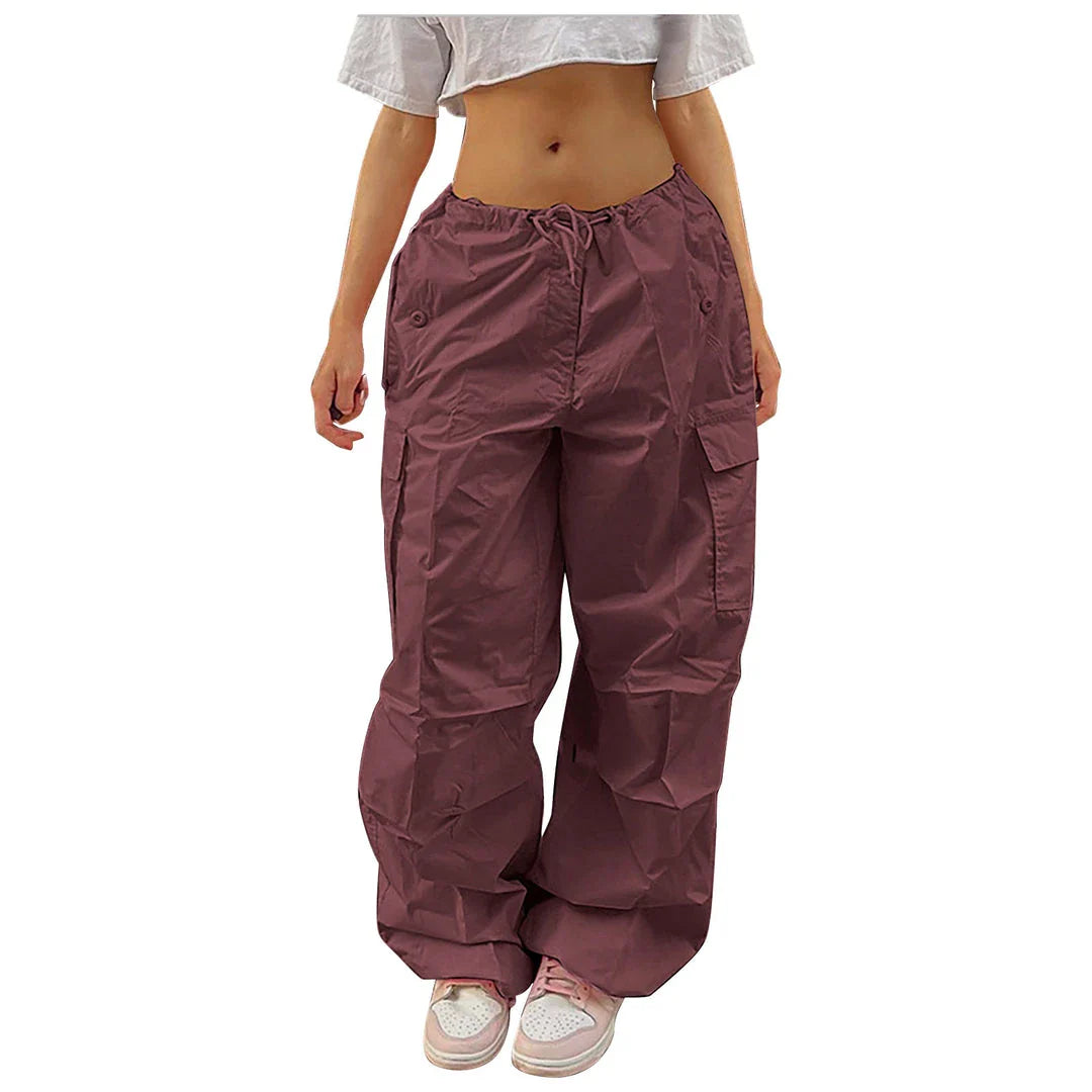 Premium cargo trousers for stylish British women, featuring drawstring waist, pockets, and sleek polyester design