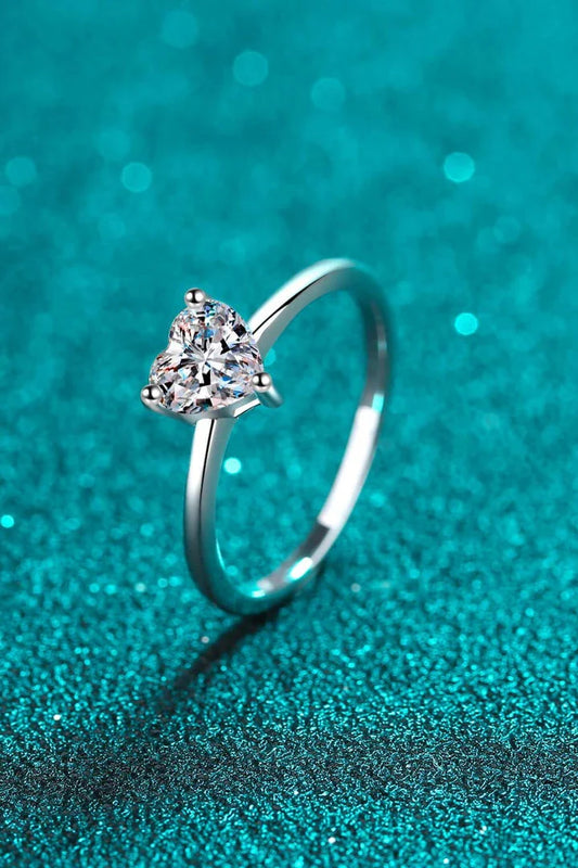 Elegant 925 sterling silver heart-shaped moissanite solitaire engagement ring with rhodium-plated finish