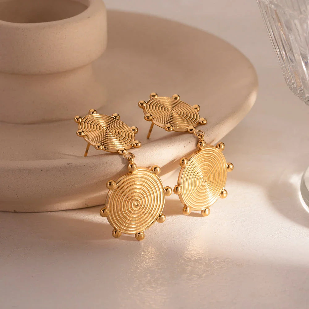 Elegant palace-style retro stainless steel earrings with 18k gold plating, featuring a textured disc design