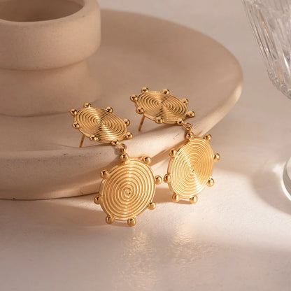 Elegant palace-style retro stainless steel earrings with 18k gold plating, featuring a textured disc design