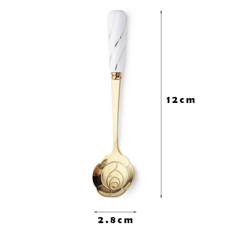 Elegant gold-plated mini stainless steel dessert spoons with colourful ceramic handles and floral designs
