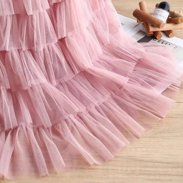 Elegant British Summer Tulle Skirt in Champagne colour, featuring a flattering A-line silhouette and charming tiered design