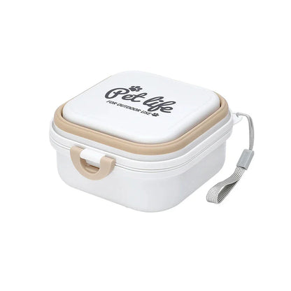Portable double-decker foldable travel bowl for dogs and cats, featuring separate compartments for food and water, durable plastic construction, and a compact, collapsible design for easy transport.