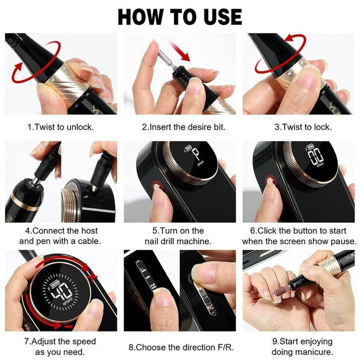Cordless electric nail drill with 40,000 RPM motor, rechargeable battery, and HD display for professional-quality nail care