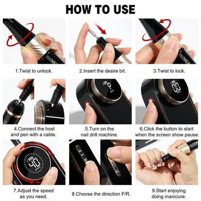 Cordless electric nail drill with 40,000 RPM motor, rechargeable battery, and HD display for professional-quality nail care