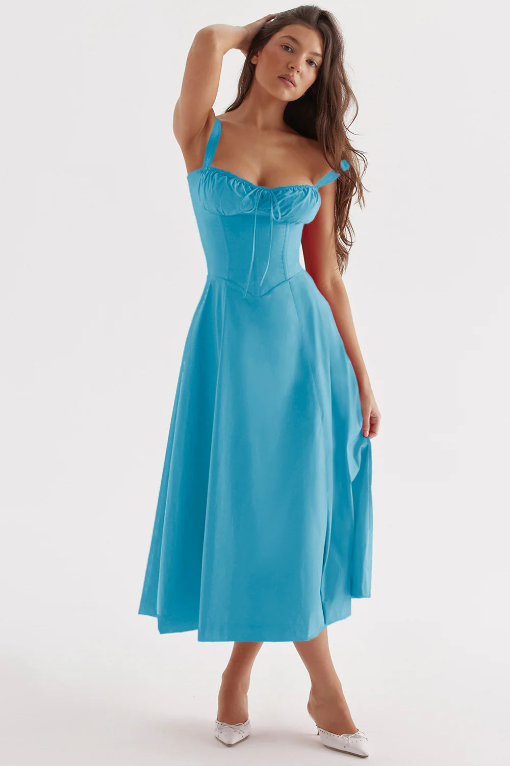 A stylish suspender dress made of premium polyester with a French high-split design, available in a range of vibrant solid colours for versatile summer wear.