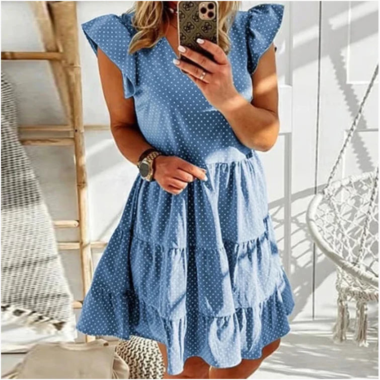 Elegant V-Neck Ruffled Dress with Digital Print in Blue, Premium Polyester Fabric, Versatile and Stylish