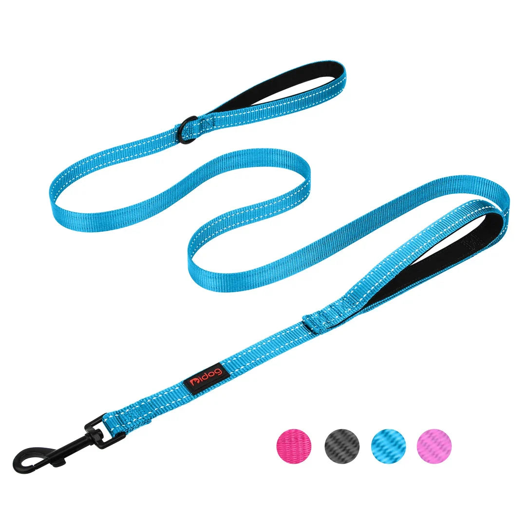 Durable 5ft reflective dog leash with padded dual handles for enhanced control and visibility during walks