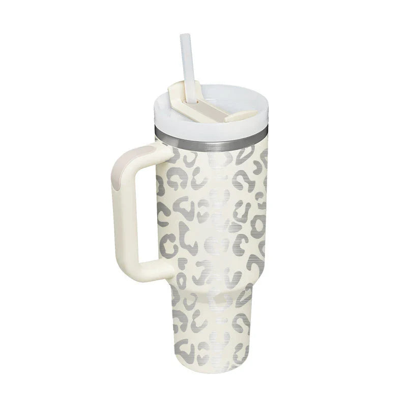 Premium insulated travel mug with straw, made of high-quality stainless steel to keep drinks hot or cold for up to 24 hours