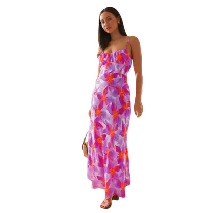 Elegant floral midi dress with backless design, available in yellow, purple, and green colours