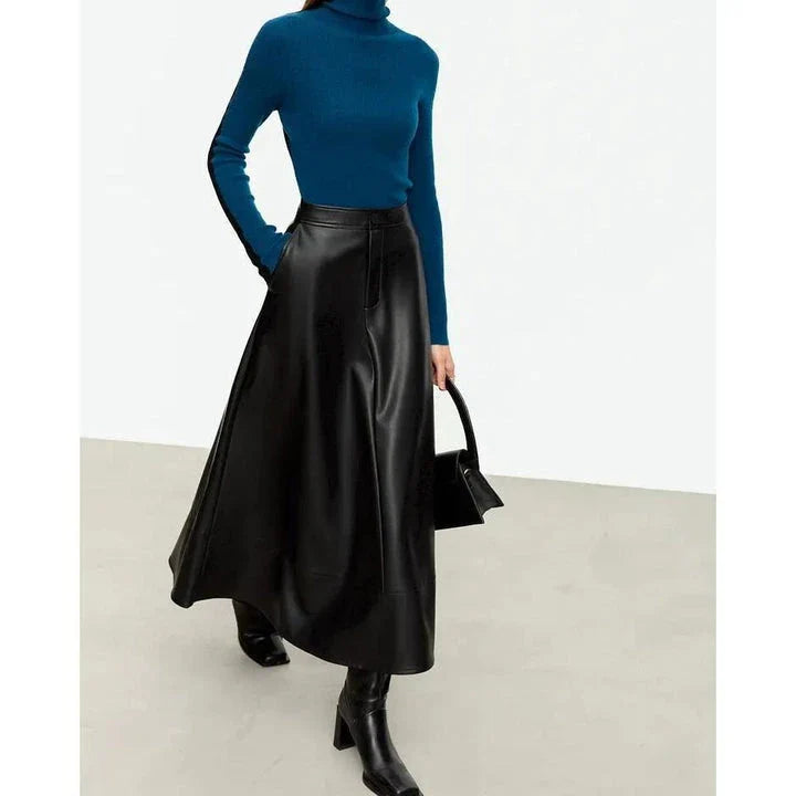 Elegant autumn ankle-length a-line leather midi skirt for women in black colour