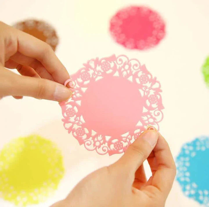 Trendha's premium Lace Silicone Coasters featuring a delicate lace pattern and heat-resistant design to protect your furniture in style.