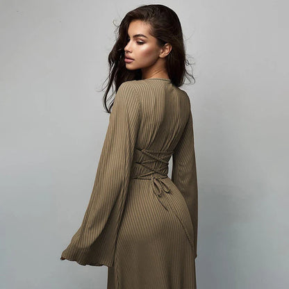 Elegant U-neck dress with lace-up back and flowing bell sleeves in a variety of sophisticated colours