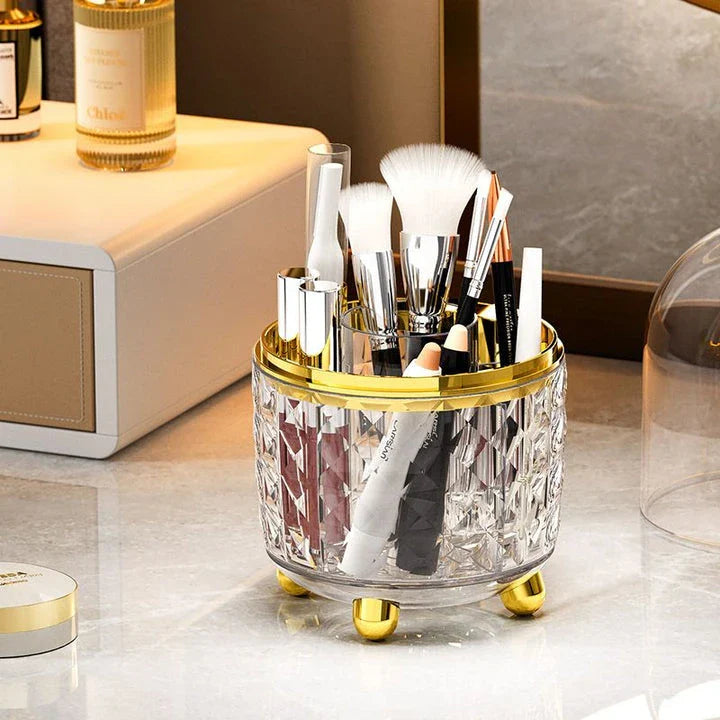 360-degree rotating makeup brush holder and organiser in transparent and green colours