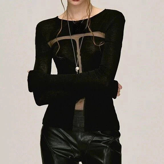 A stylish Gothic Cross Gauze T-Shirt featuring a subtle yet bold cross design and a see-through gauze patchwork for a captivating, edgy look.
