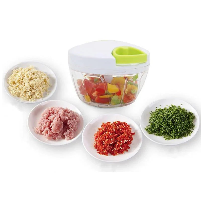 Portable Hand Pull Food Chopper with light green body and 3 sharp blades for easy chopping, slicing, and dicing in UK kitchens