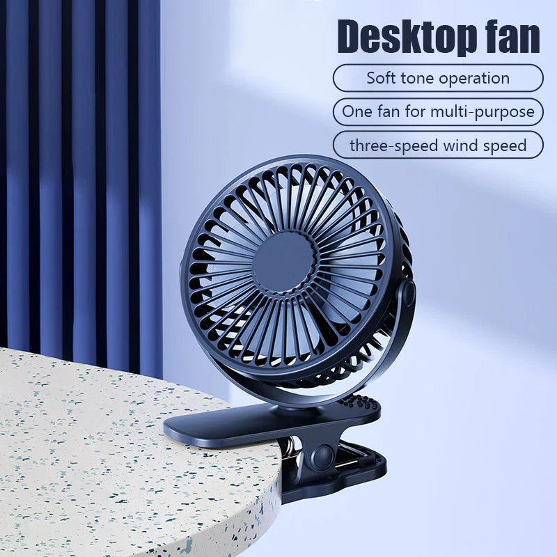 Portable Mini Hand Clip Fan with adjustable wind speed, 360° rotation, and USB rechargeable design for instant cooling relief