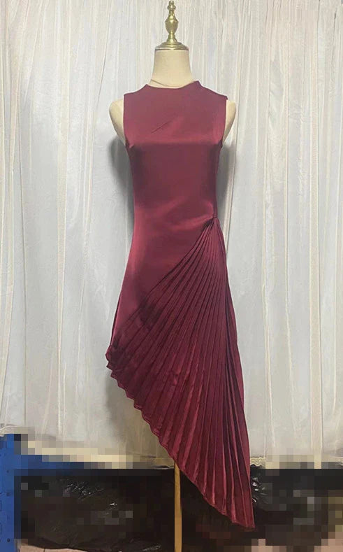 Elegant asymmetric dress in wine red and milky white with a half turtleneck design, perfect for autumn and winter wear.