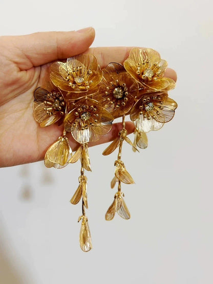 Elegant metal flower charm earrings and necklace set with delicate floral designs and metallic accents