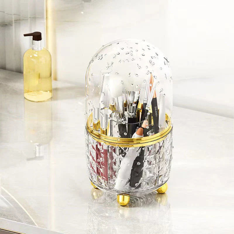 360-degree rotating makeup brush holder and organiser in transparent and green colours