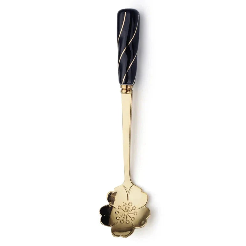 Elegant gold-plated mini stainless steel dessert spoons with colourful ceramic handles and floral designs