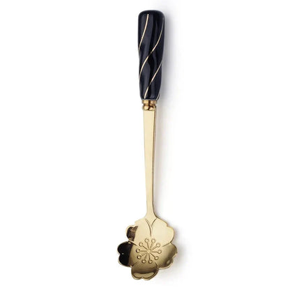 Elegant gold-plated mini stainless steel dessert spoons with colourful ceramic handles and floral designs