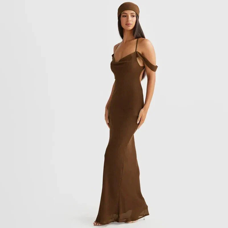 Elegant off-shoulder maxi dress in orange colour, featuring a halter backless design and pile collar neckline for a sophisticated look.