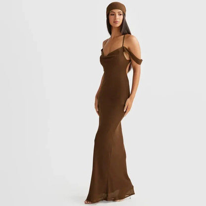 Elegant off-shoulder maxi dress in orange colour, featuring a halter backless design and pile collar neckline for a sophisticated look.