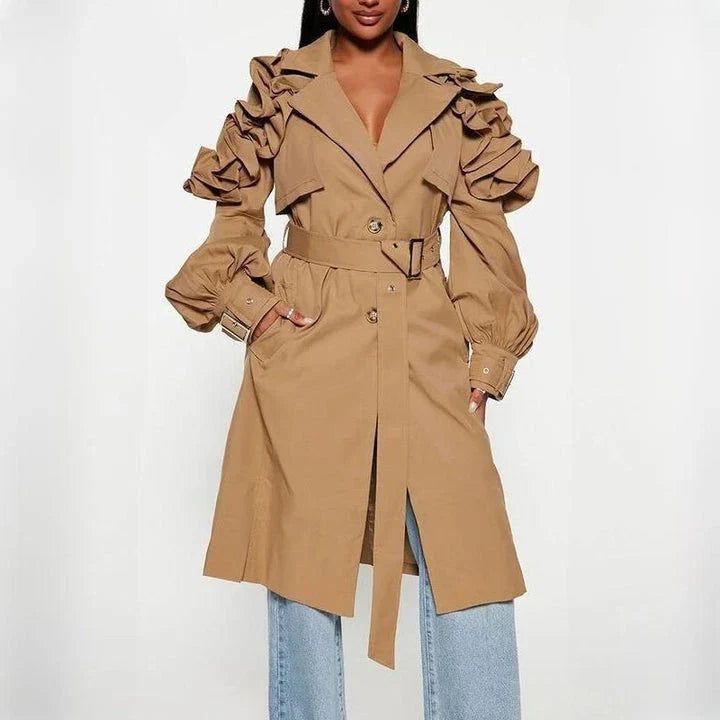 Elegant spliced ruffle trench coat for women in khaki colour, featuring premium cotton-polyester blend, stylish ruffles, and flattering wide-waisted fit