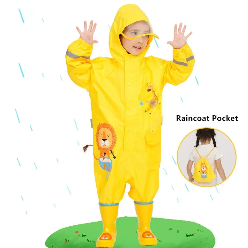 Children wearing a vibrant, dinosaur-themed waterproof rain jumpsuit playing outdoors in the rain