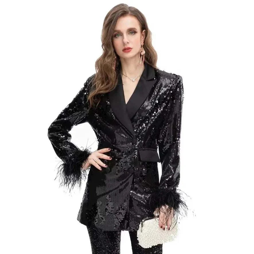 Elegant double-breasted blazer with feather and sequin embellishments, available in black and various sizes